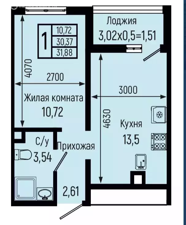 1-комнатная квартира: село Небуг, Центральная улица, 12А/1 (31.92 м) - Фото 1