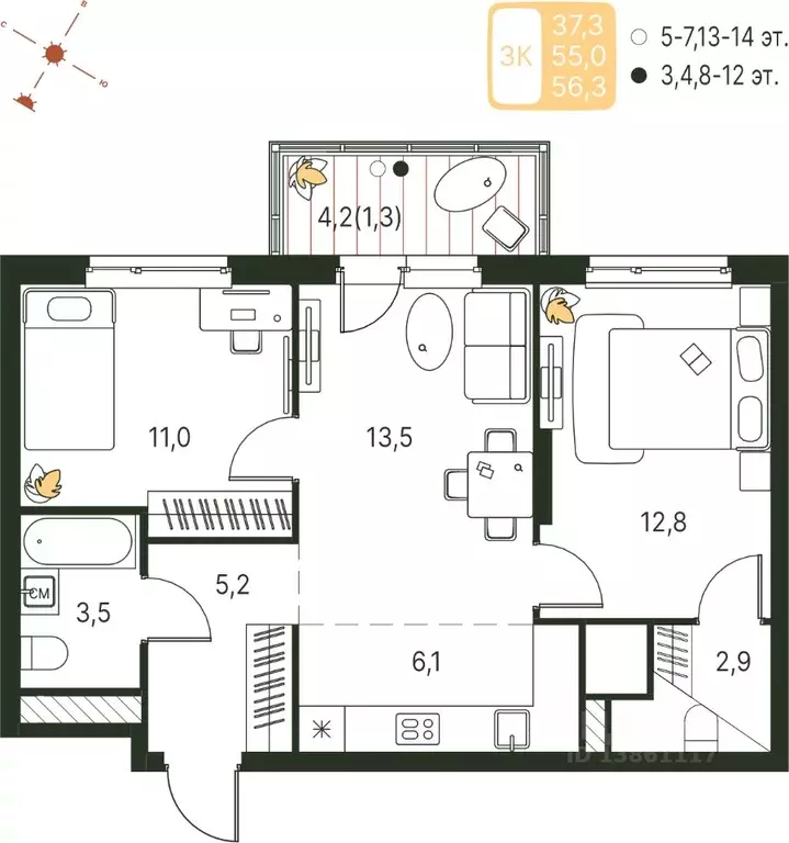 Студия Пермский край, Пермь ул. Серебристая, 1 (56.3 м) - Фото 1