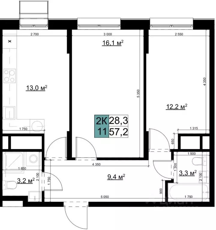 2-к кв. Московская область, Одинцово Можайское ш., К2 (57.1 м) - Фото 2