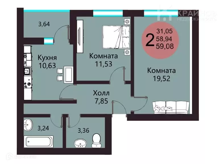 Продаётся 2-к квартира, 59.08 м - Фото 1