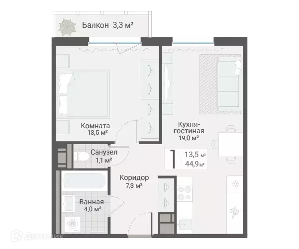 Продаётся 1-к квартира, 44.9 м - Фото 0