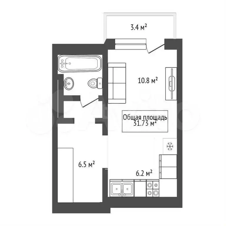 Квартира-студия, 31,7 м, 4/24 эт. - Фото 0
