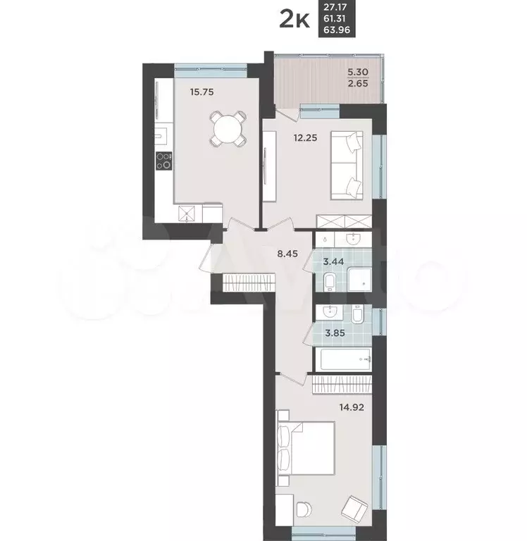 2-к. квартира, 61,6 м, 7/9 эт. - Фото 1