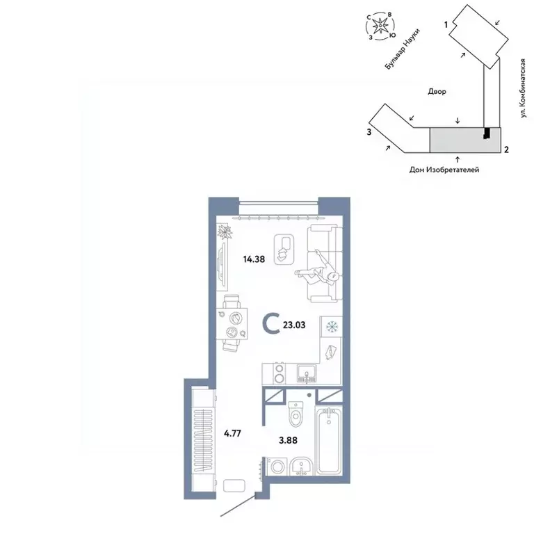 Студия Тюменская область, Тюмень Комбинатская ул., 16к1 (23.03 м) - Фото 0