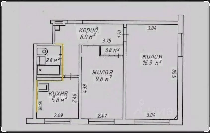2-к кв. Татарстан, Казань ул. Мусина, 55 (46.0 м) - Фото 2