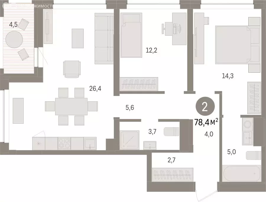 2-комнатная квартира: Тюмень, ЖК Дом у Озера (78.37 м) - Фото 1