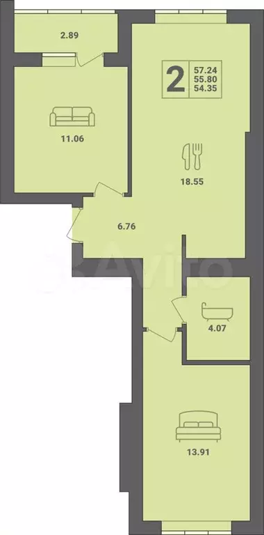 2-к. квартира, 57,2 м, 1/6 эт. - Фото 1