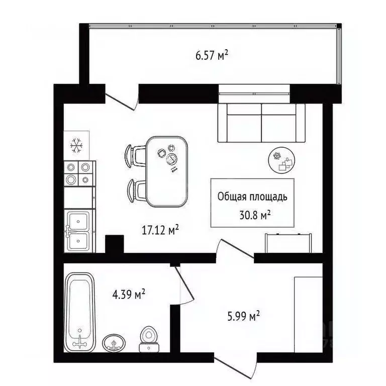 Студия Новосибирская область, Новосибирск ул. Гоголя, 222 (30.8 м) - Фото 1