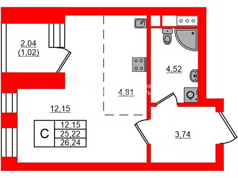 Студия Санкт-Петербург ул. Челюскина, 2 (25.22 м) - Фото 1