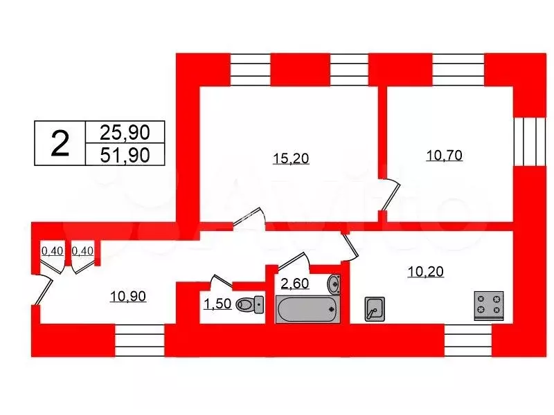 2-к. квартира, 51,9 м, 2/5 эт. - Фото 0