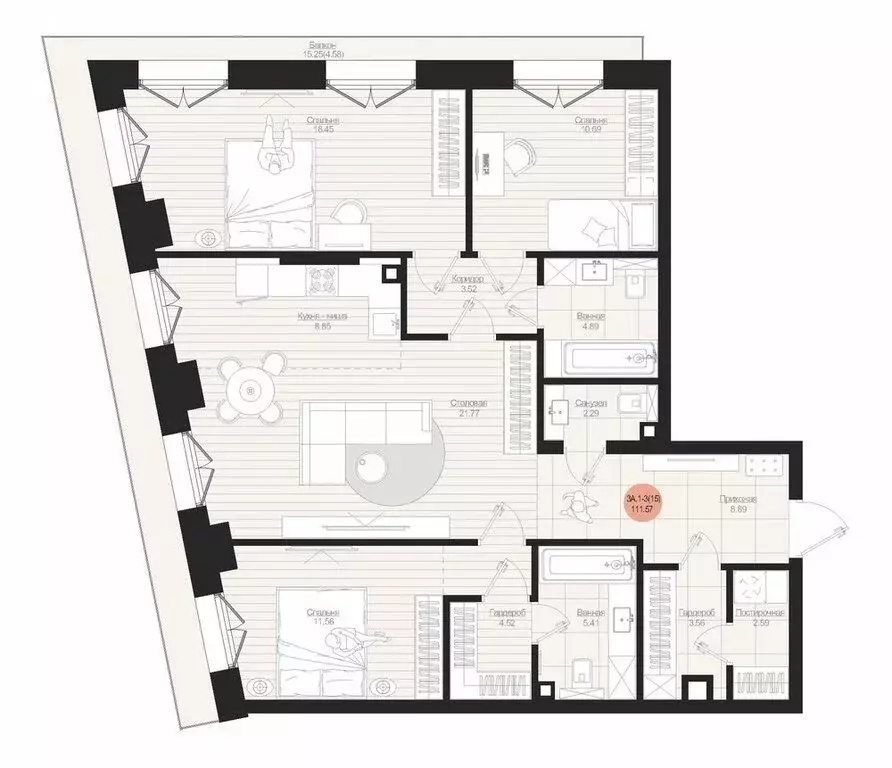 3-комнатная квартира: Казань, ЖК Яналиф (111.57 м) - Фото 2