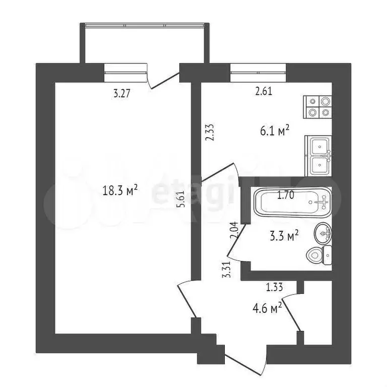 1-к. квартира, 33,4 м, 5/5 эт. - Фото 0