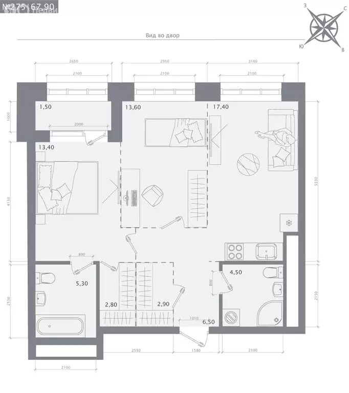 2-комнатная квартира: Казань, ЖК 1712 (67.9 м) - Фото 1