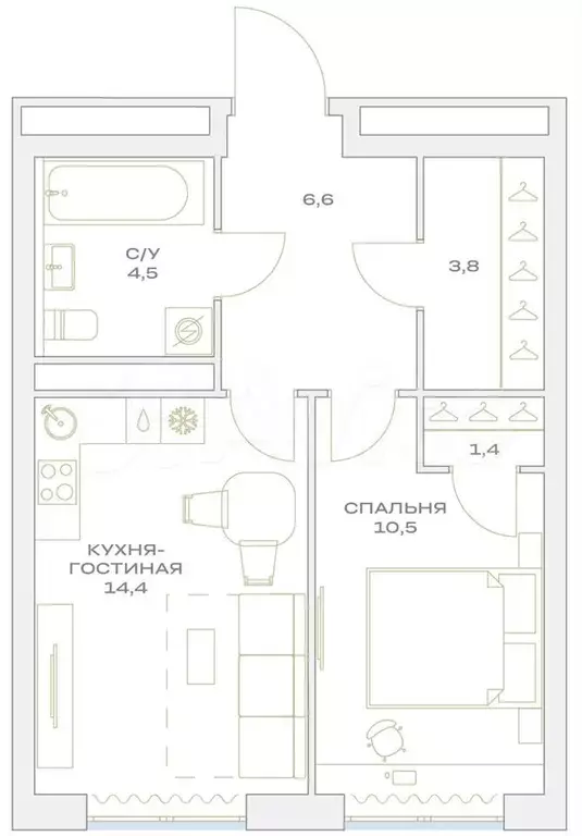 1-к. квартира, 41,2 м, 14/23 эт. - Фото 1