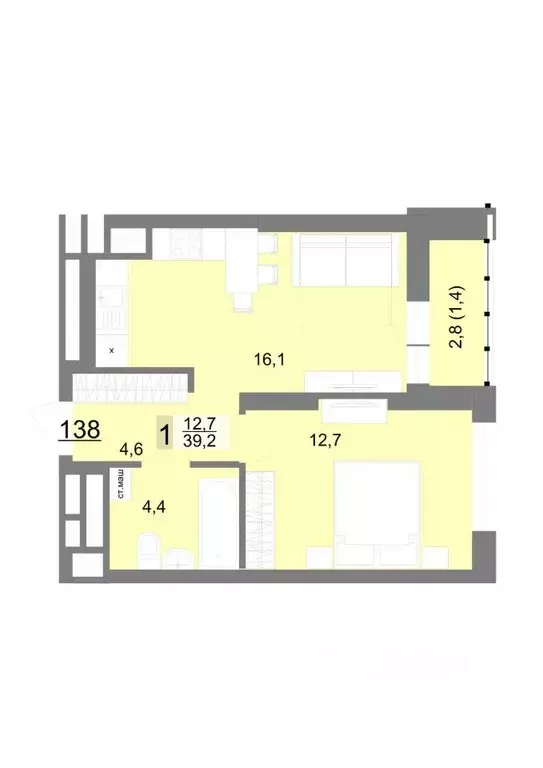 1-к кв. Свердловская область, Екатеринбург ул. Шаумяна, 77 (39.2 м) - Фото 1