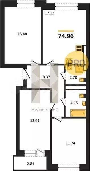 3-к. квартира, 75 м, 1/9 эт. - Фото 1