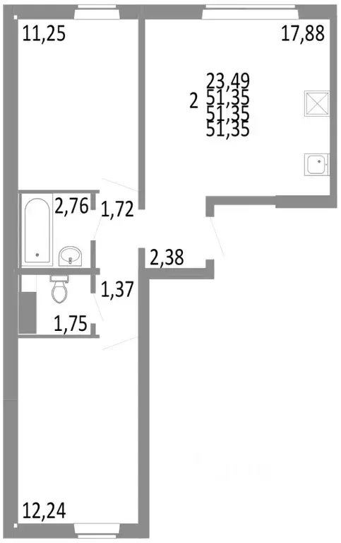2-к кв. Челябинская область, Челябинск ул. Блюхера, 125Б (51.35 м) - Фото 0