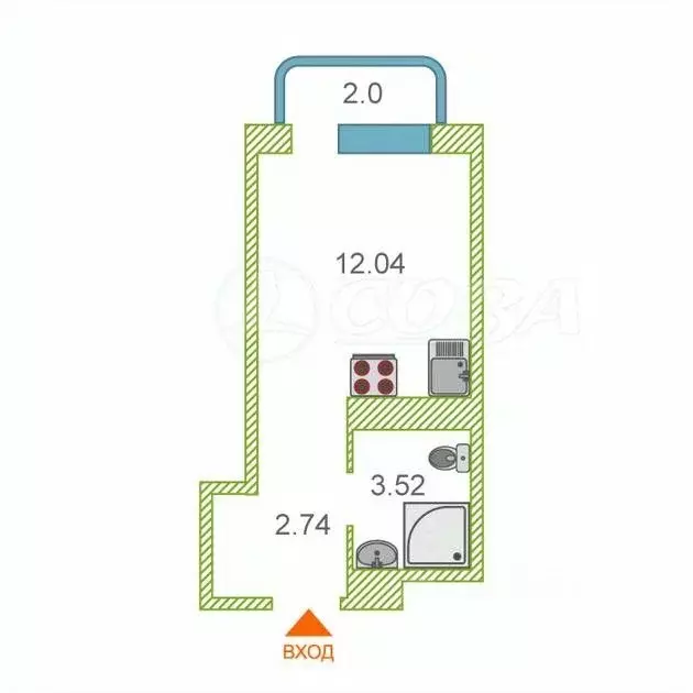 Студия Тюменская область, Тюмень ул. Новоселов, 105 (20.0 м) - Фото 1