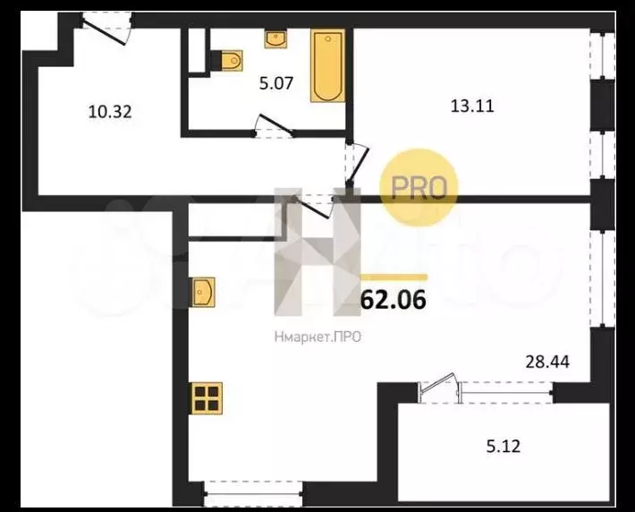 1-к. квартира, 62,1 м, 2/4 эт. - Фото 1