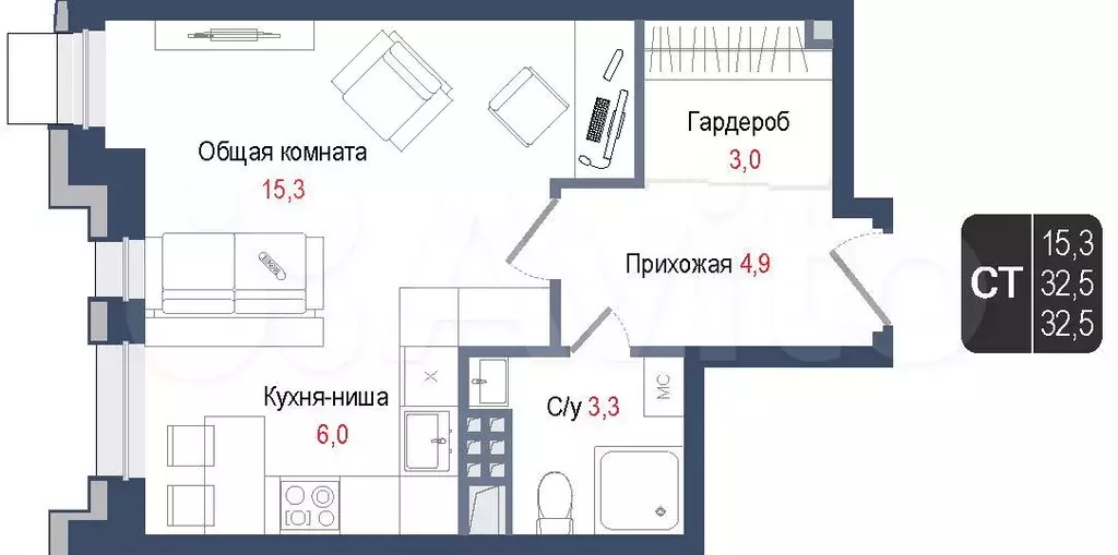 Квартира-студия, 32,5 м, 3/8 эт. - Фото 0