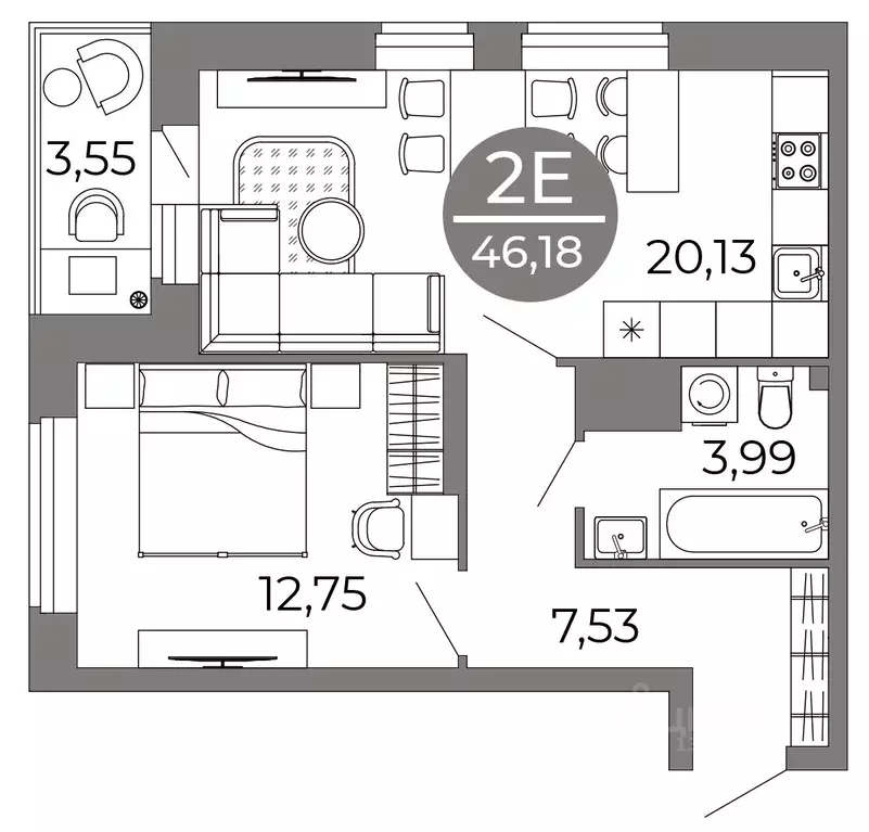 2-к кв. Воронежская область, Воронеж Галилей жилой комплекс (46.18 м) - Фото 1