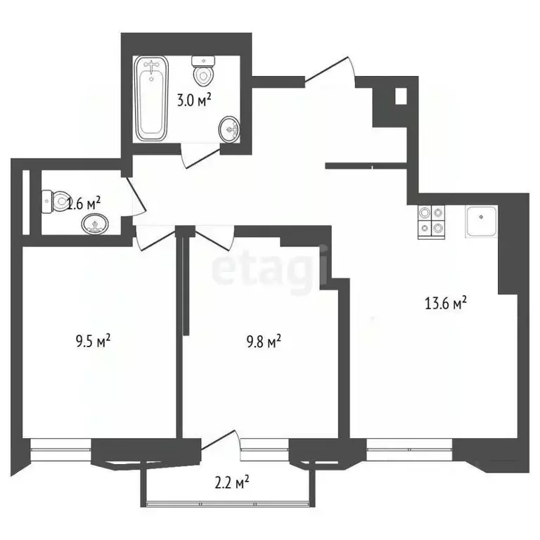 2-к кв. Тюменская область, Тюмень ул. Судостроителей, 56 (45.6 м) - Фото 1