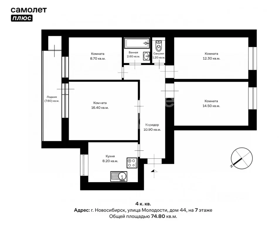 4-к кв. Новосибирская область, Новосибирск ул. Молодости, 44 (74.8 м) - Фото 1