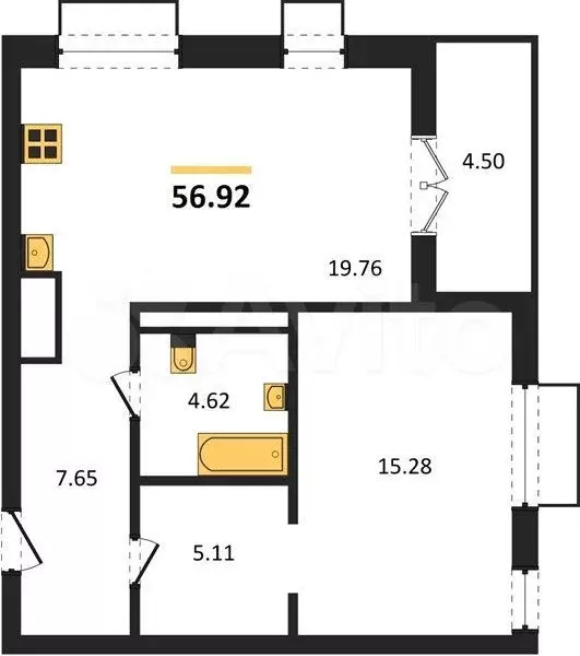 1-к. квартира, 56,9 м, 4/4 эт. - Фото 1