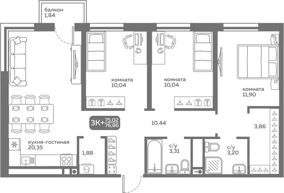 3-к кв. Тюменская область, Тюмень ул. Вадима Бованенко, 10 (75.02 м) - Фото 1