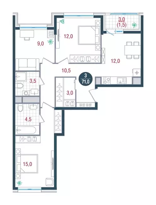 3-к квартира, 71 м - Фото 0
