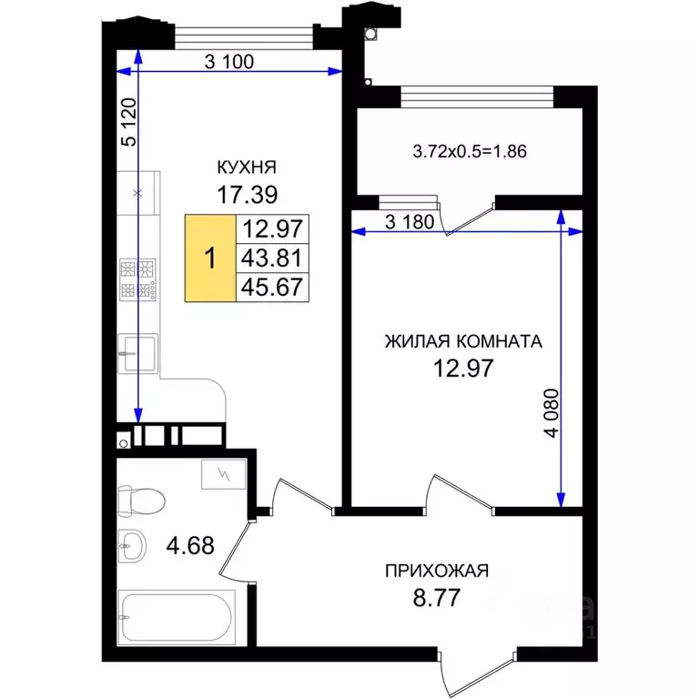 1-к кв. Краснодарский край, Новороссийск 5-я Бригада мкр,  (45.67 м) - Фото 1