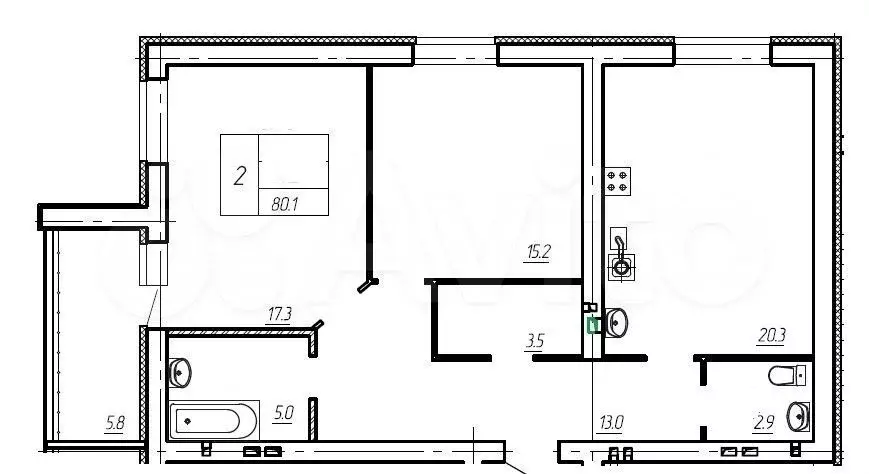 2-к. квартира, 80,1 м, 1/9 эт. - Фото 0