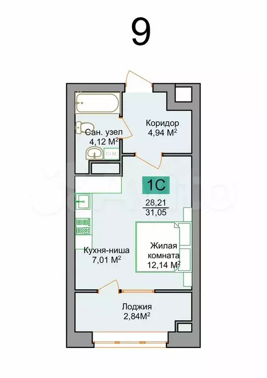 Квартира-студия, 31,1 м, 5/9 эт. - Фото 0