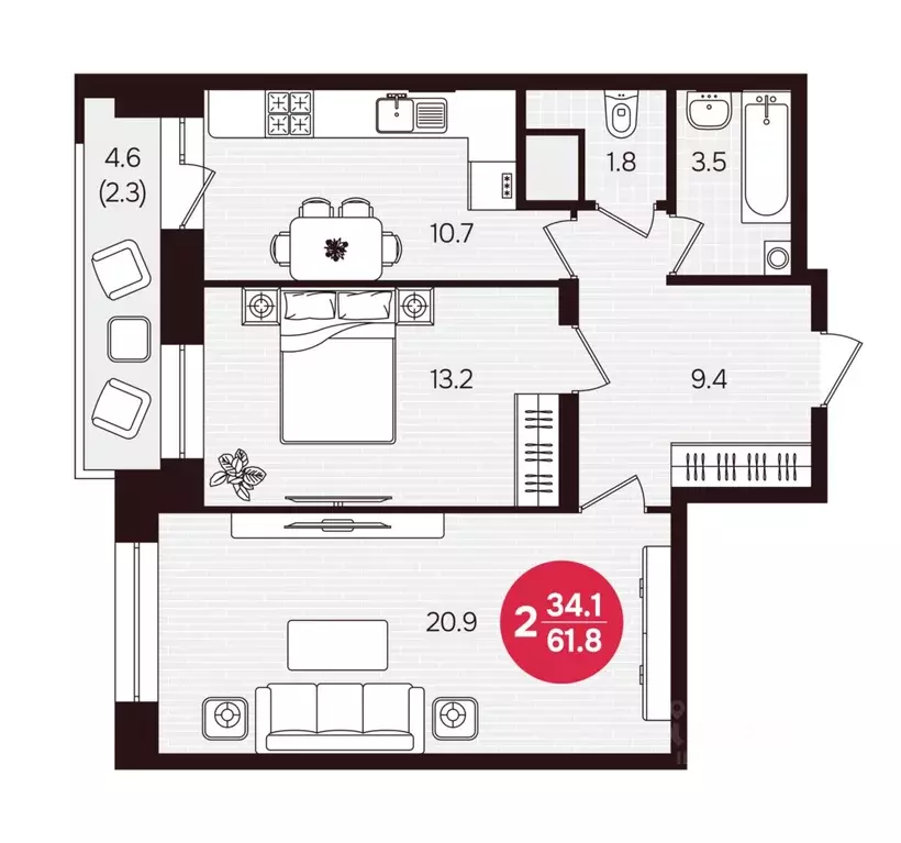 2-к кв. Чувашия, Новочебоксарск ул. 10-й Пятилетки, поз5 (61.8 м) - Фото 2