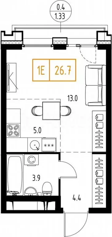 Квартира-студия, 26,7 м, 6/9 эт. - Фото 1