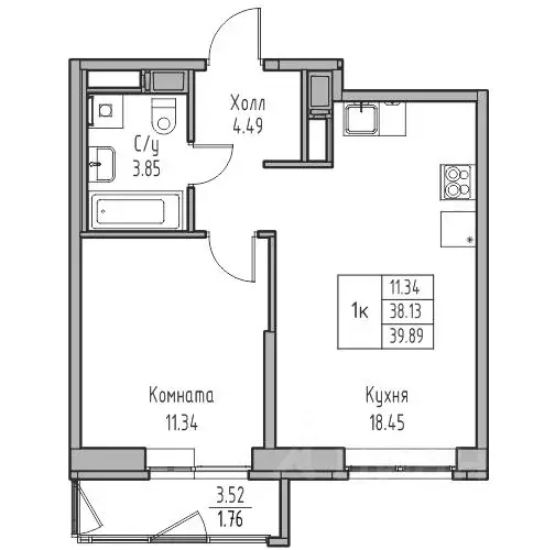 1-к кв. Санкт-Петербург ул. Ивинская, 1к4 (39.89 м) - Фото 1