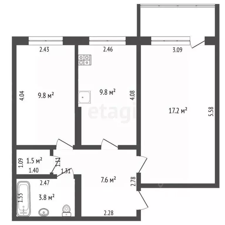 2-к кв. Саха (Якутия), Якутск ул. Кузьмина, 34/2 (49.7 м) - Фото 2