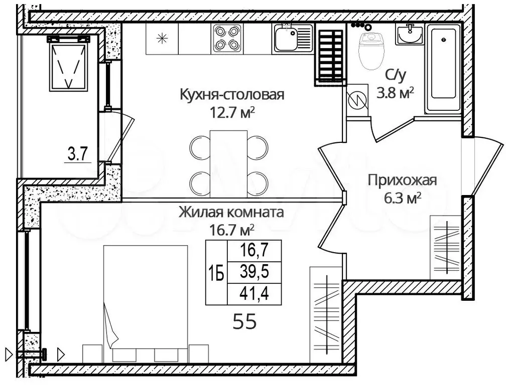 1-к. квартира, 41,4 м, 8/16 эт. - Фото 0