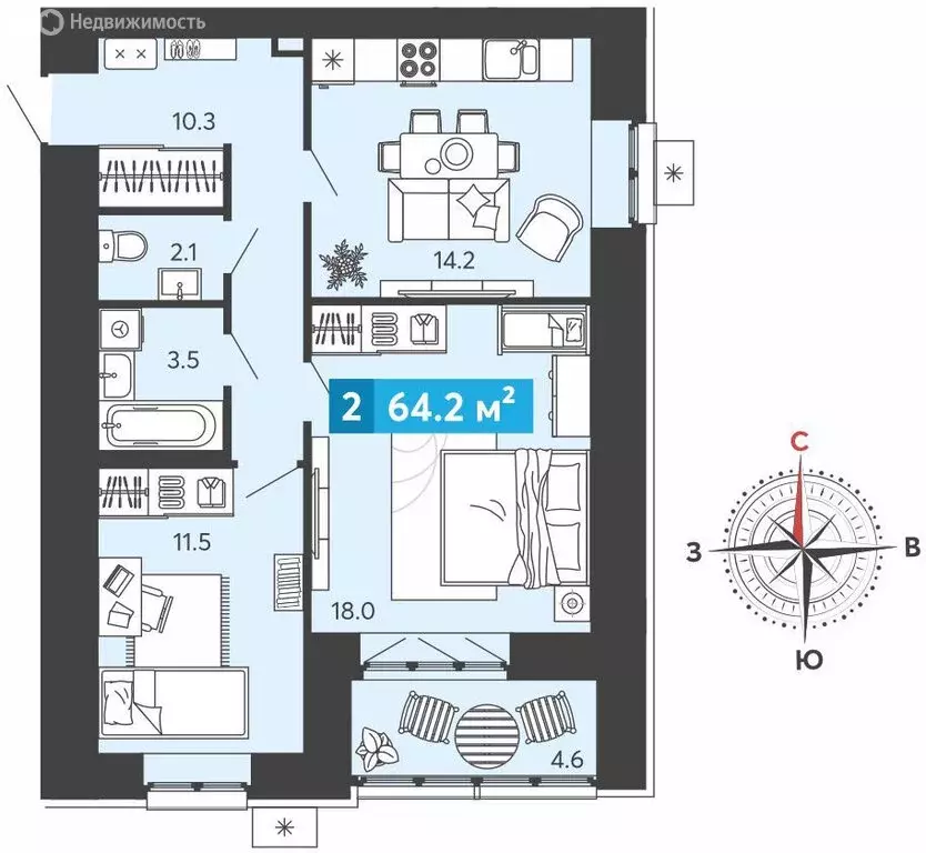 2-комнатная квартира: Засечное, микрорайон Город Спутник (64.2 м) - Фото 1