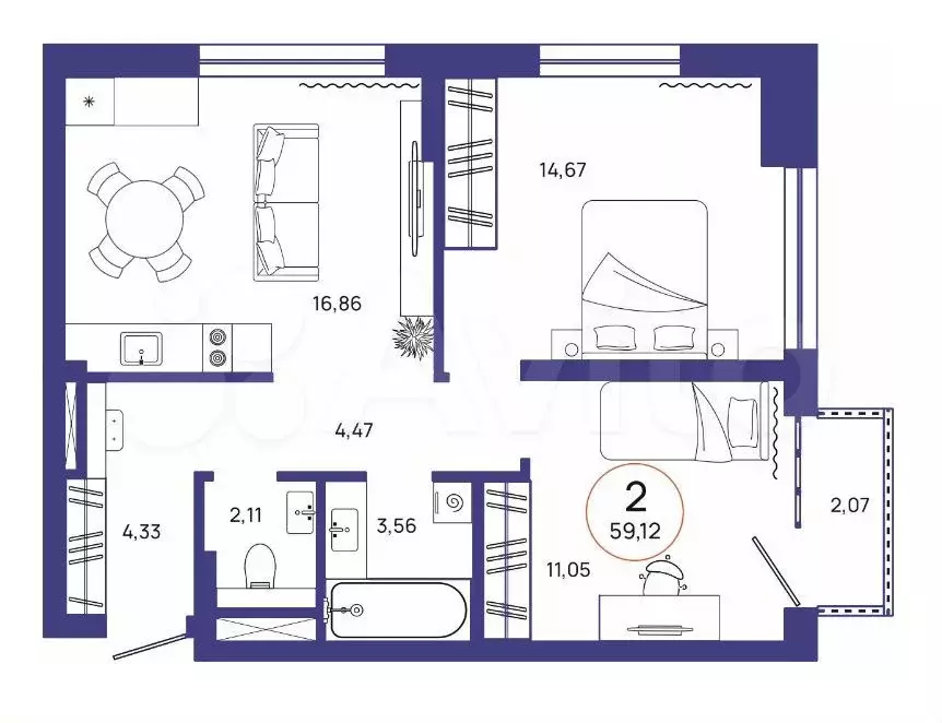 2-к. квартира, 59,1м, 4/9эт. - Фото 1