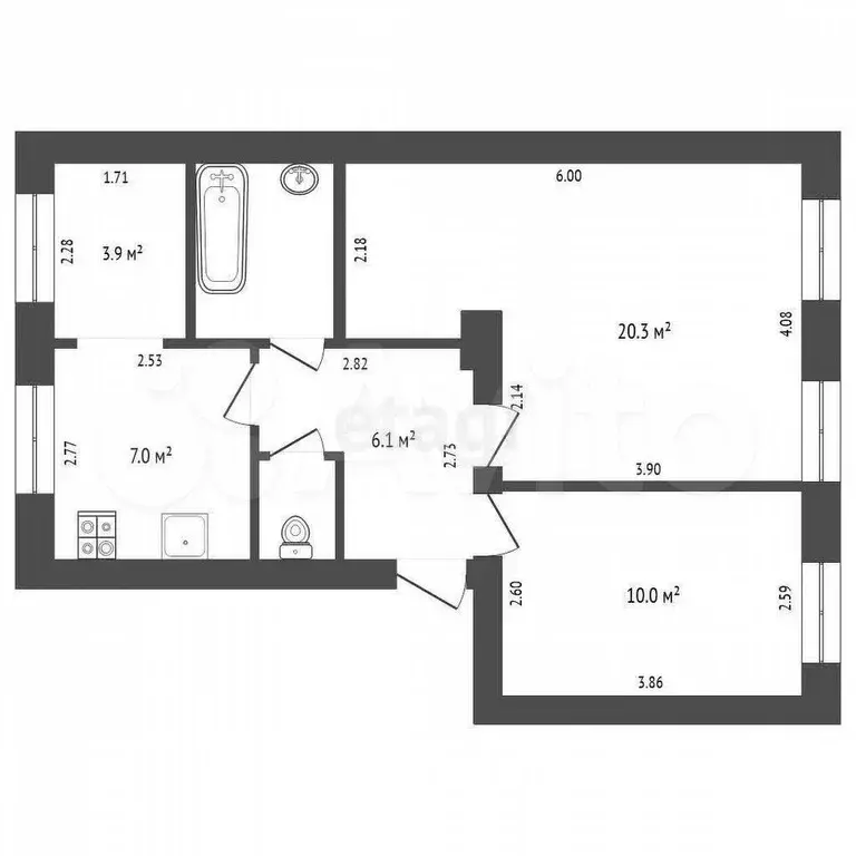 2-к. квартира, 52,1 м, 4/4 эт. - Фото 0