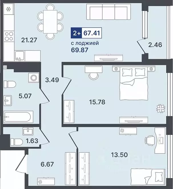 2-к кв. Тюменская область, Тюмень ул. Алексея Сергиенко, 1 (67.41 м) - Фото 1
