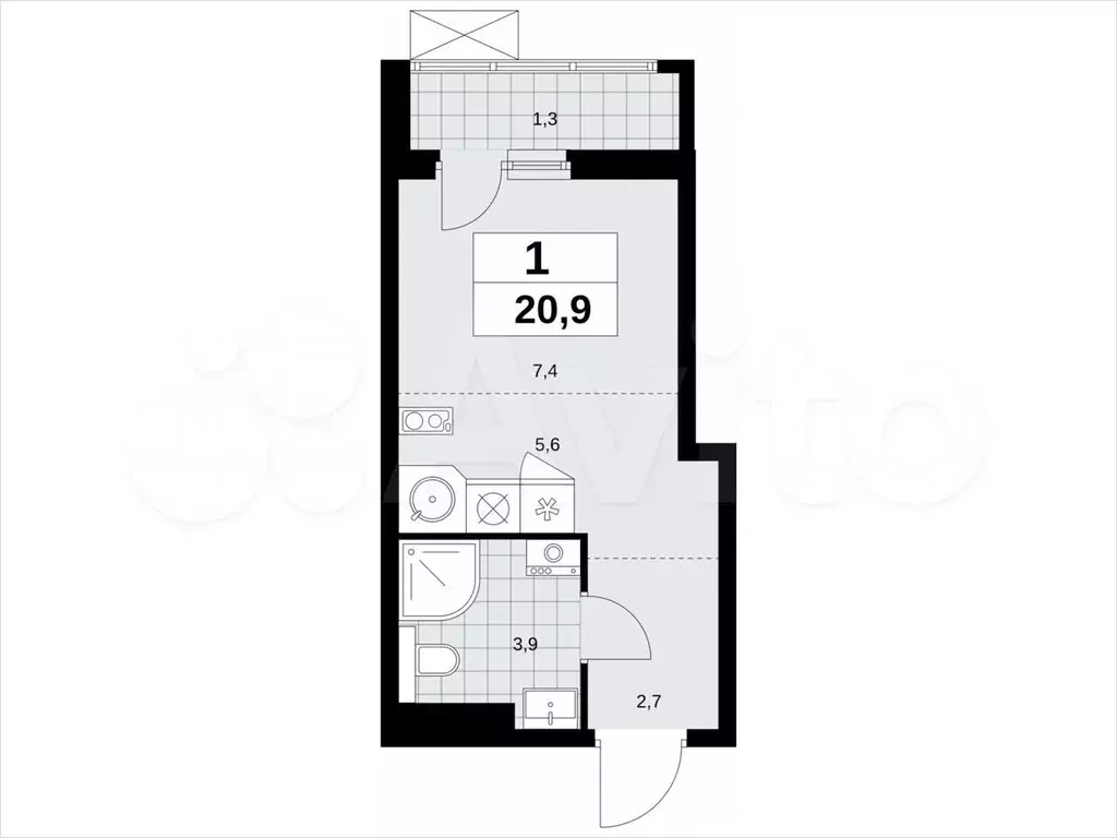 Квартира-студия, 20,9м, 16/19эт. - Фото 1