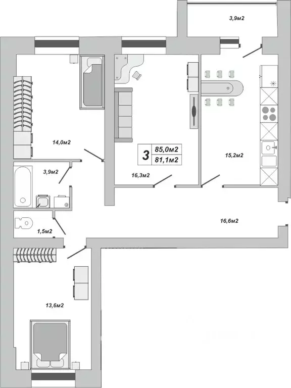 3-к кв. Тамбовская область, Тамбов ул. Чичерина, 7/1к3 (85.0 м) - Фото 0