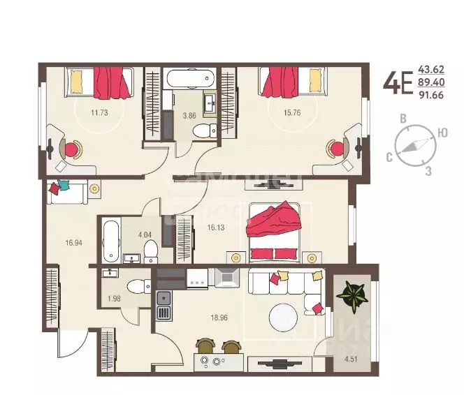 3-к кв. Курская область, Курск ул. Энгельса, 115 (91.66 м) - Фото 1