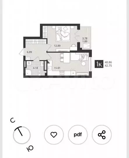 2-к. квартира, 40,5м, 3/4эт. - Фото 1