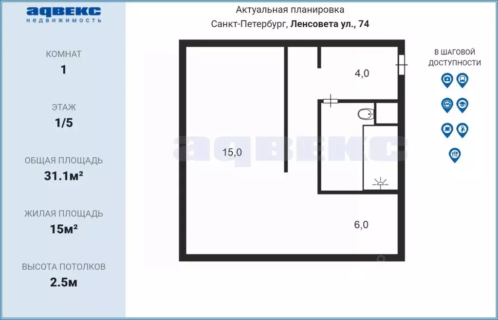 1-к кв. Санкт-Петербург ул. Ленсовета, 74 (31.1 м) - Фото 2