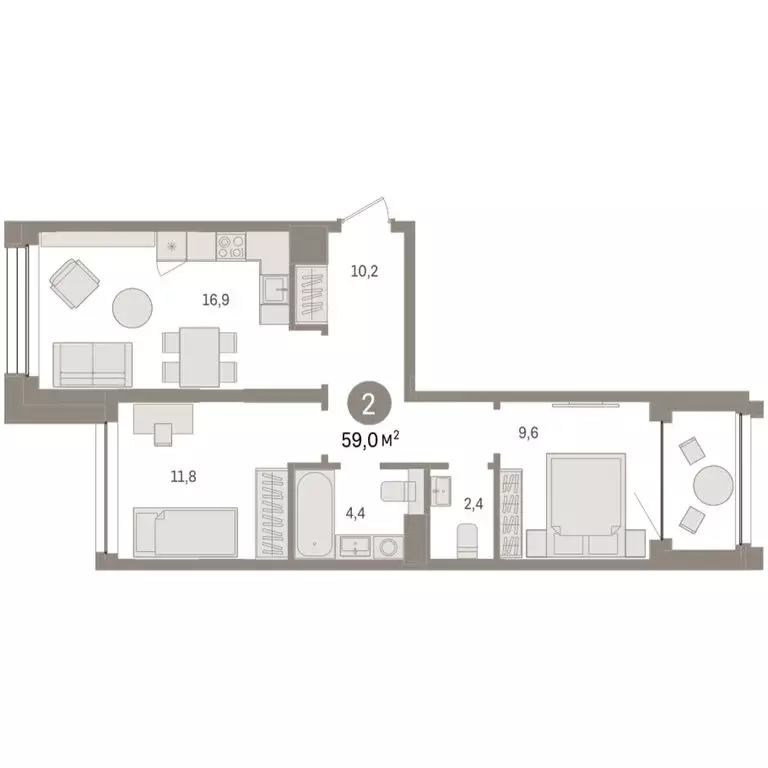 2-комнатная квартира: Тюмень, улица Муравленко, 9/2 (58.95 м) - Фото 1