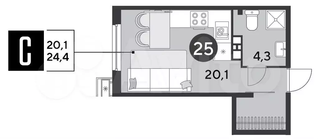 Квартира-студия, 24,4 м, 4/18 эт. - Фото 1