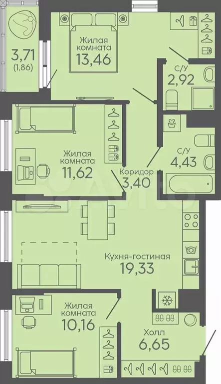 3-к. квартира, 73,7 м, 5/16 эт. - Фото 0